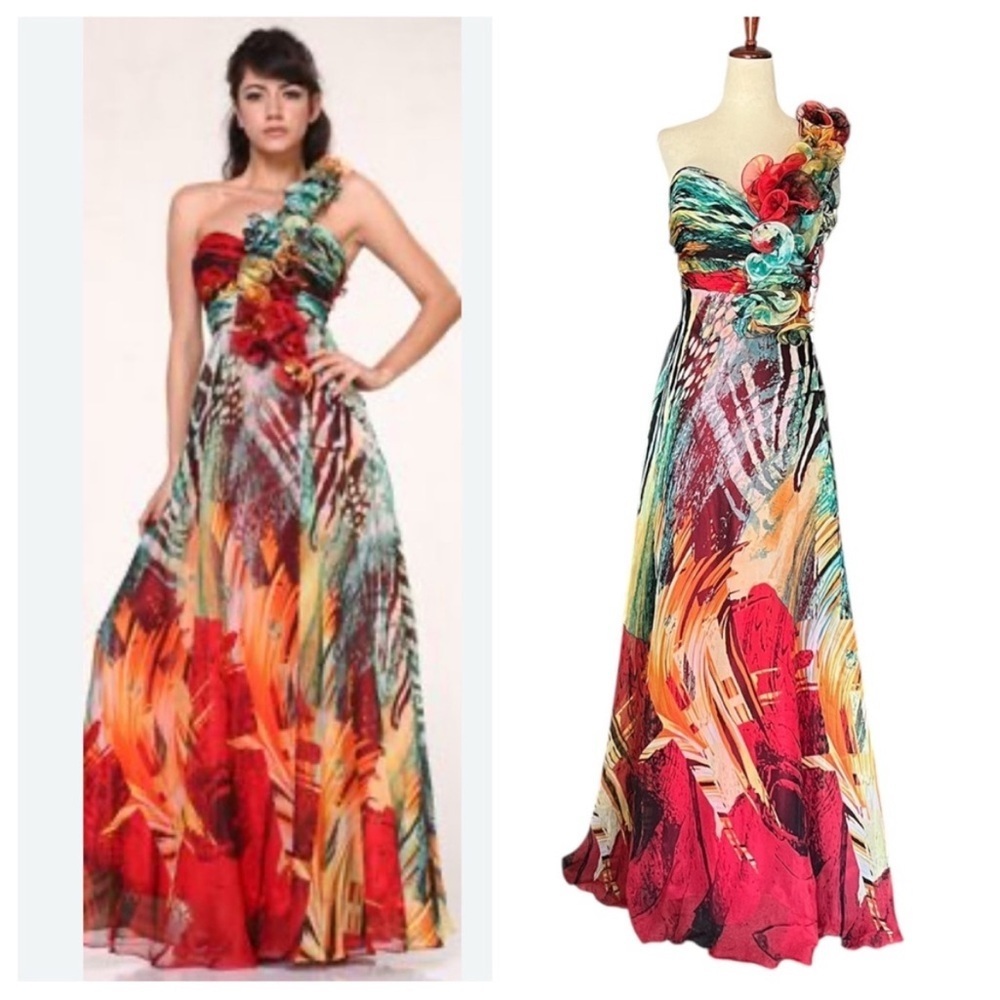 Cinderella Bright Floral One Ruffle Shoulder Silky Formal Maxi Dress Size 6